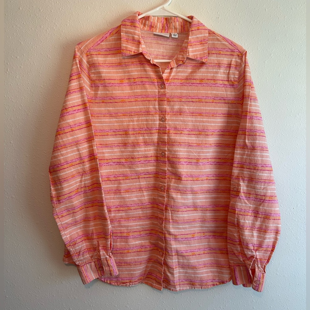 Linen Cotton Long Sleeve Button Down Top Women’s S/M Coastal Beach Boho Striped